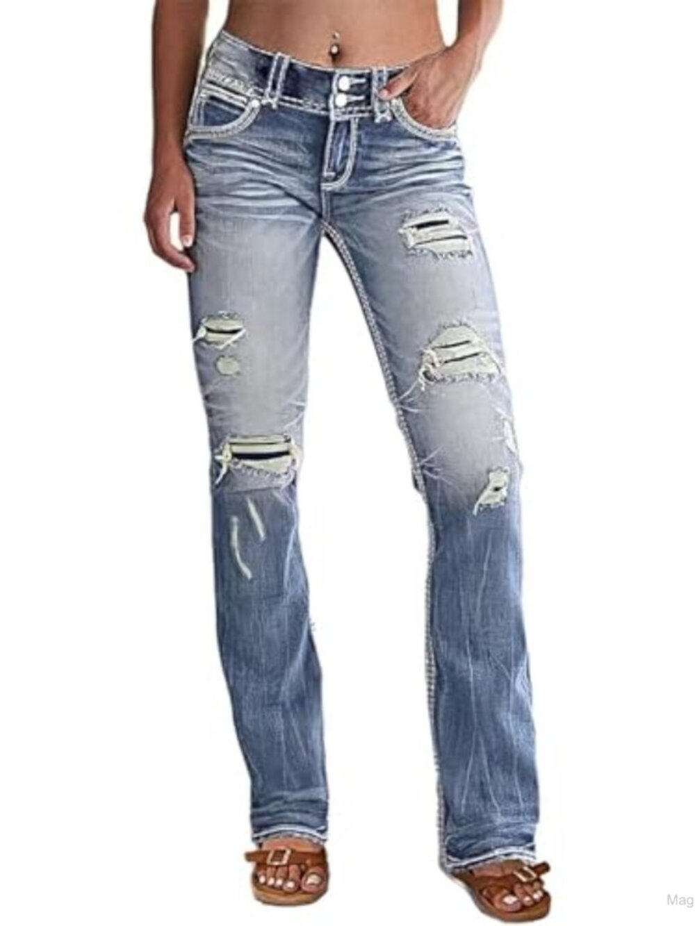 Distressed Bootcut Low Rise Ripped Flare Jeans for Women Stretchy Cotton